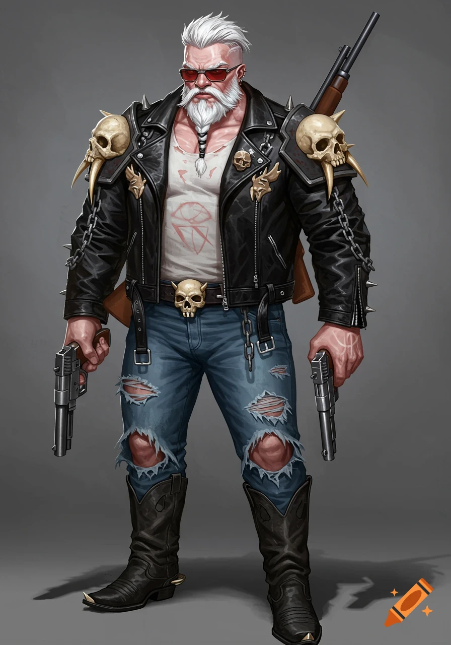 A muscular man with a white beard, sunglasses, and a leather jacket with skull shoulder pads, holding two pistols.