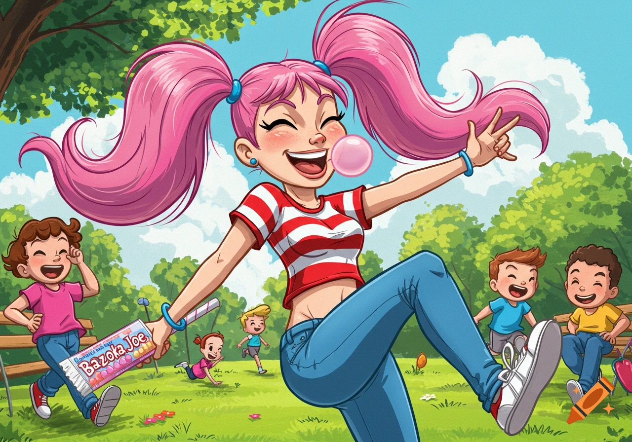 A happy cartoon girl with pink pigtails blowing a bubblegum bubble, holding a Bazooka Joe package, with other children playing in a park.