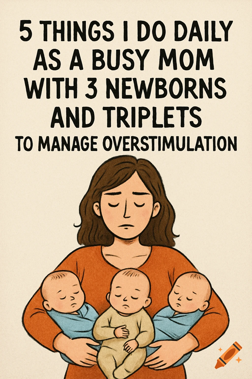 An illustration of a tired mother holding three babies with text about managing overstimulation.