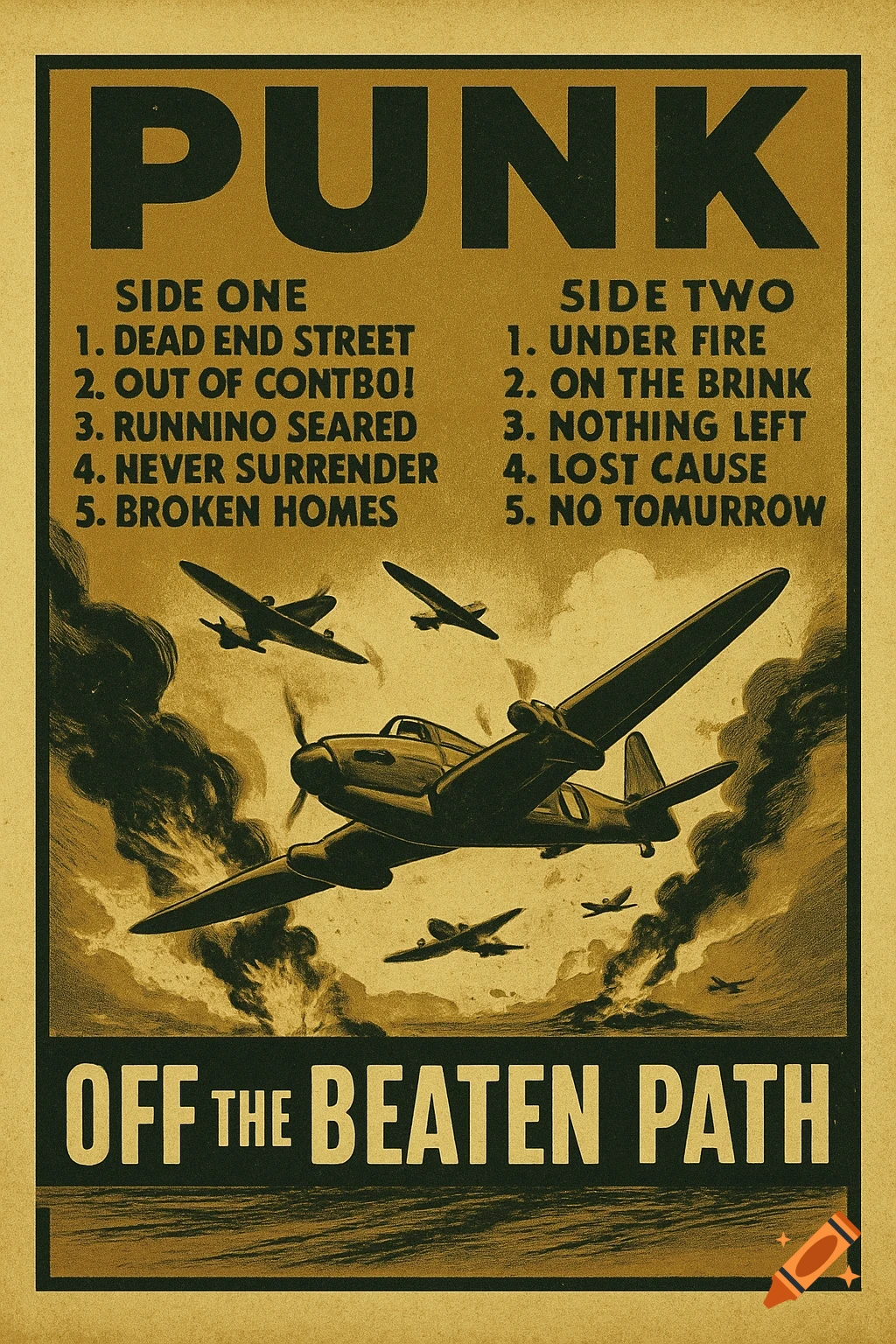A vintage-style propaganda poster for a punk album, featuring an air battle with planes and smoke, with the title "PUNK" and "OFF THE BEATEN PATH" at the bottom.