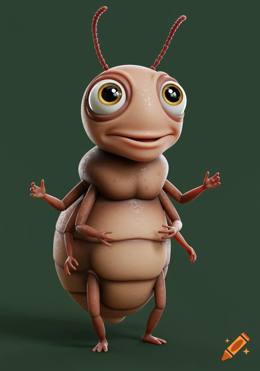 A smiling, cute, cartoon insect character with large eyes, four arms, and two legs, standing against a dark green background.
