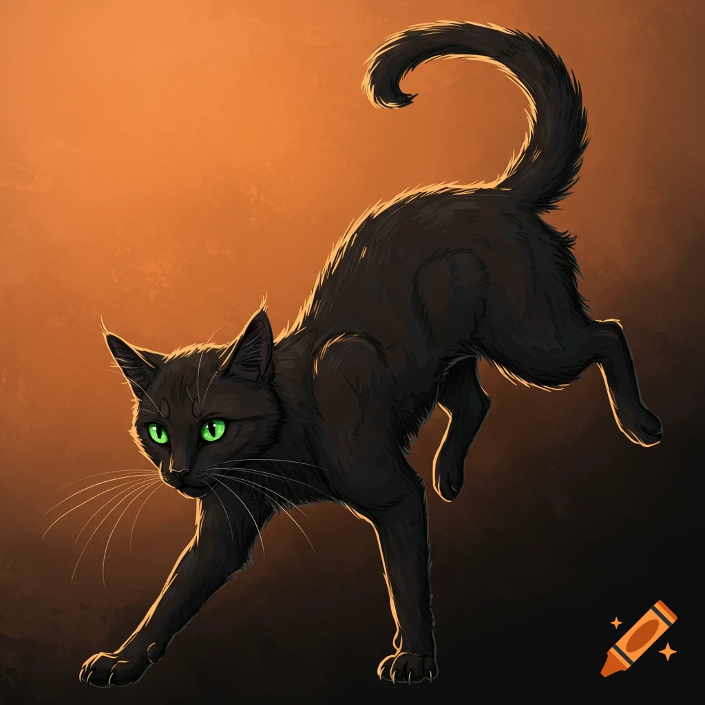 A sleek black cat with bright green eyes stretches, its fur illuminated ...