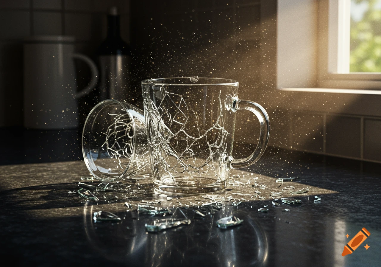 Two photorealistic shattered glass mugs and shards on a dark kitchen counter with sparkling light.