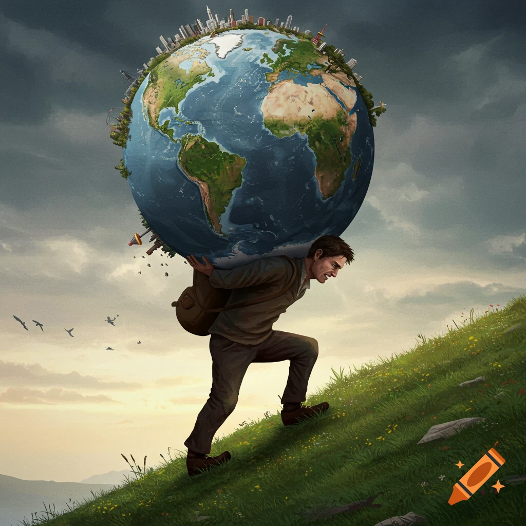 A man struggles to walk up a grassy hill, carrying the planet Earth with cities on its surface on his shoulders, under a dramatic sky.