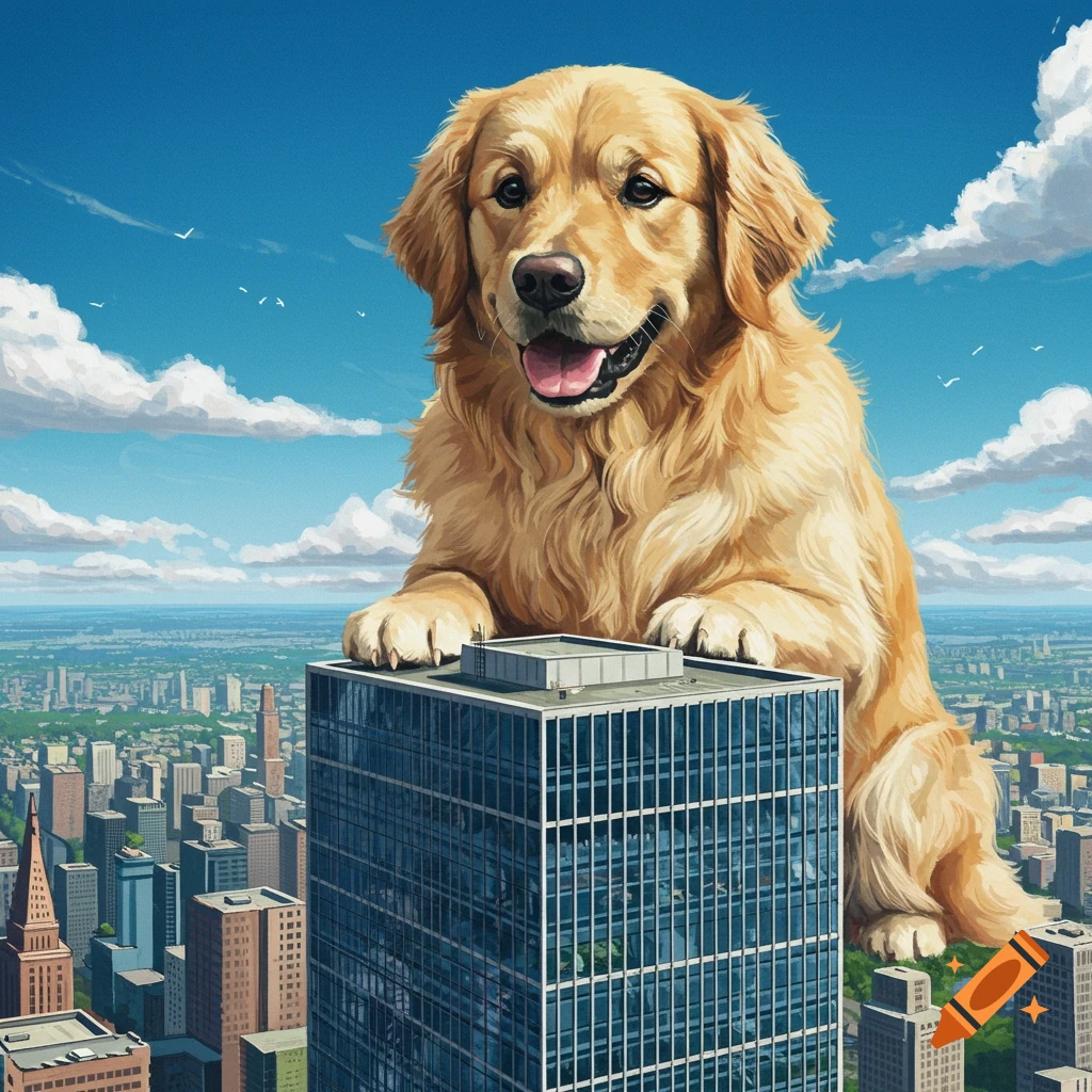 A gigantic golden retriever dog sits on top of a tall blue skyscraper, looking out over a sprawling city under a blue sky with clouds.