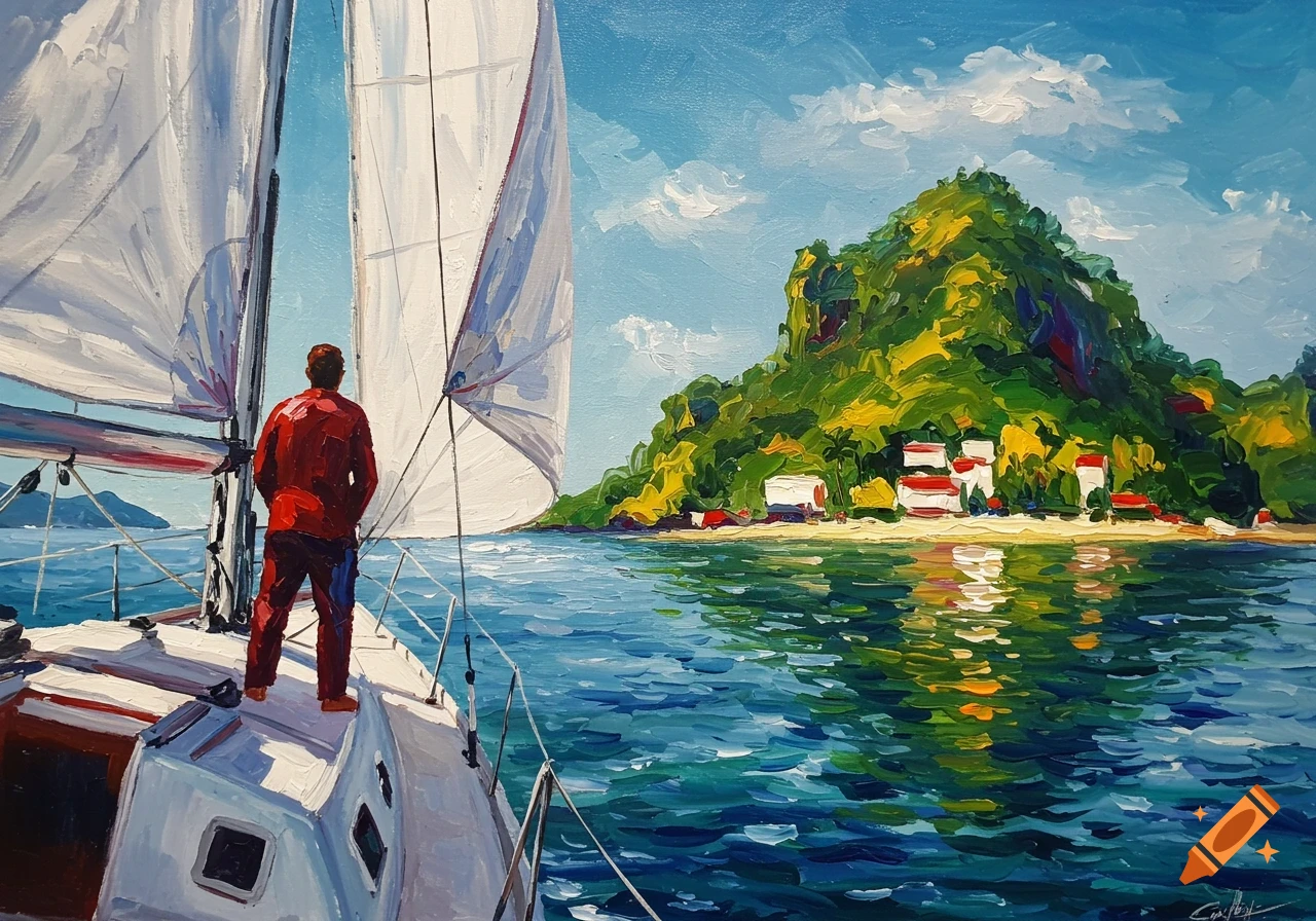 Abstract painting of a person on a sailboat looking at a green island with buildings under a blue sky.