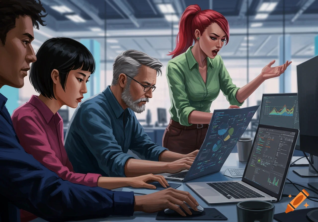 Illustrated group of diverse professionals working together in an office, looking at computers and discussing data.