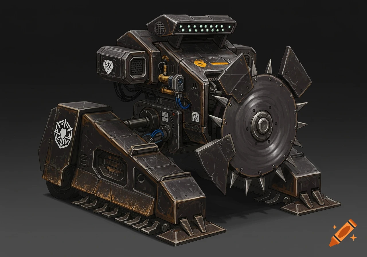 A heavily armored combat robot with tank-like treads, a large front-mounted spinning saw blade with spikes, and a light array on top, against a dark background.