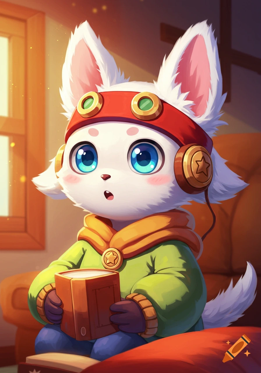 A white furry animal character with big blue eyes, wearing a red headband and green jacket, holding a brown book in an anime style.