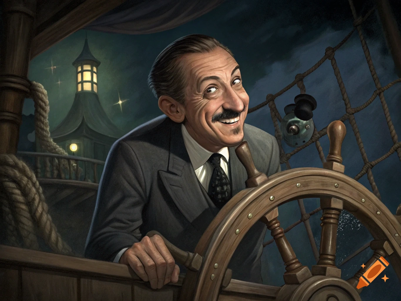 Caricature of Walt Disney smiling mischievously while holding a ship's wheel on a pirate ship at night.