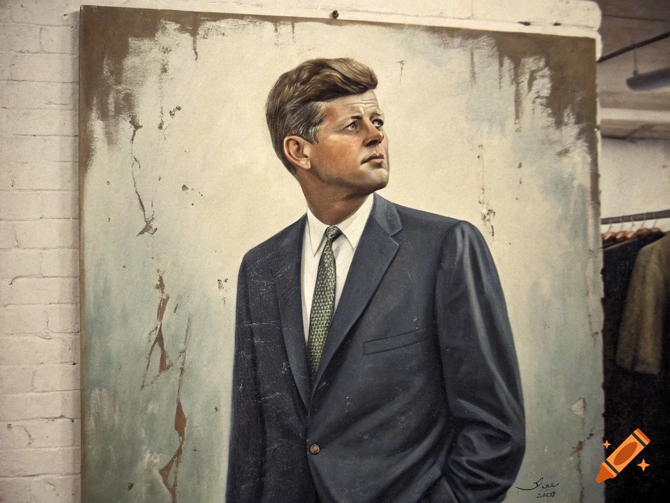 A distressed painting of John F. Kennedy, dressed in a suit, looking up and right, propped against a white brick wall.