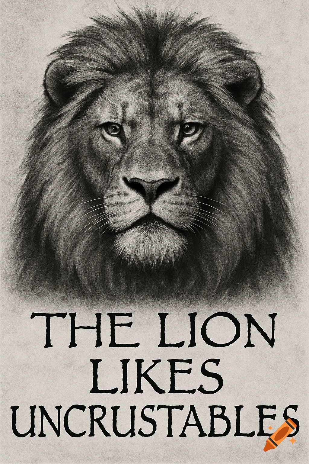 Black and white charcoal drawing of a lion's head with the text "THE LION LIKES UNCRUSTABLES" below it.