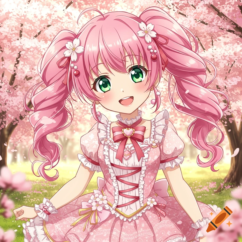 A cute anime girl with pink pigtails and green eyes, wearing a frilly pink dress, smiles amidst a background of cherry blossoms.