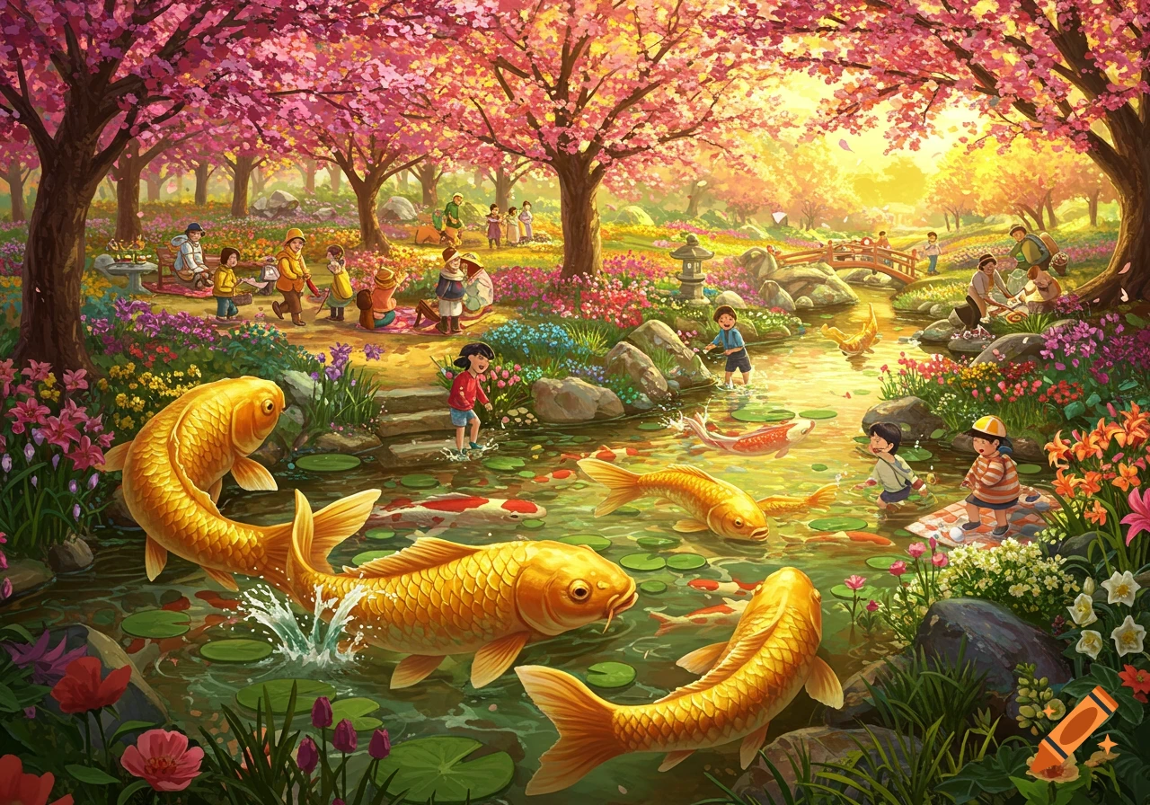 Vibrant fantasy illustration of children playing in a cherry blossom park with large golden koi fish in a stream.