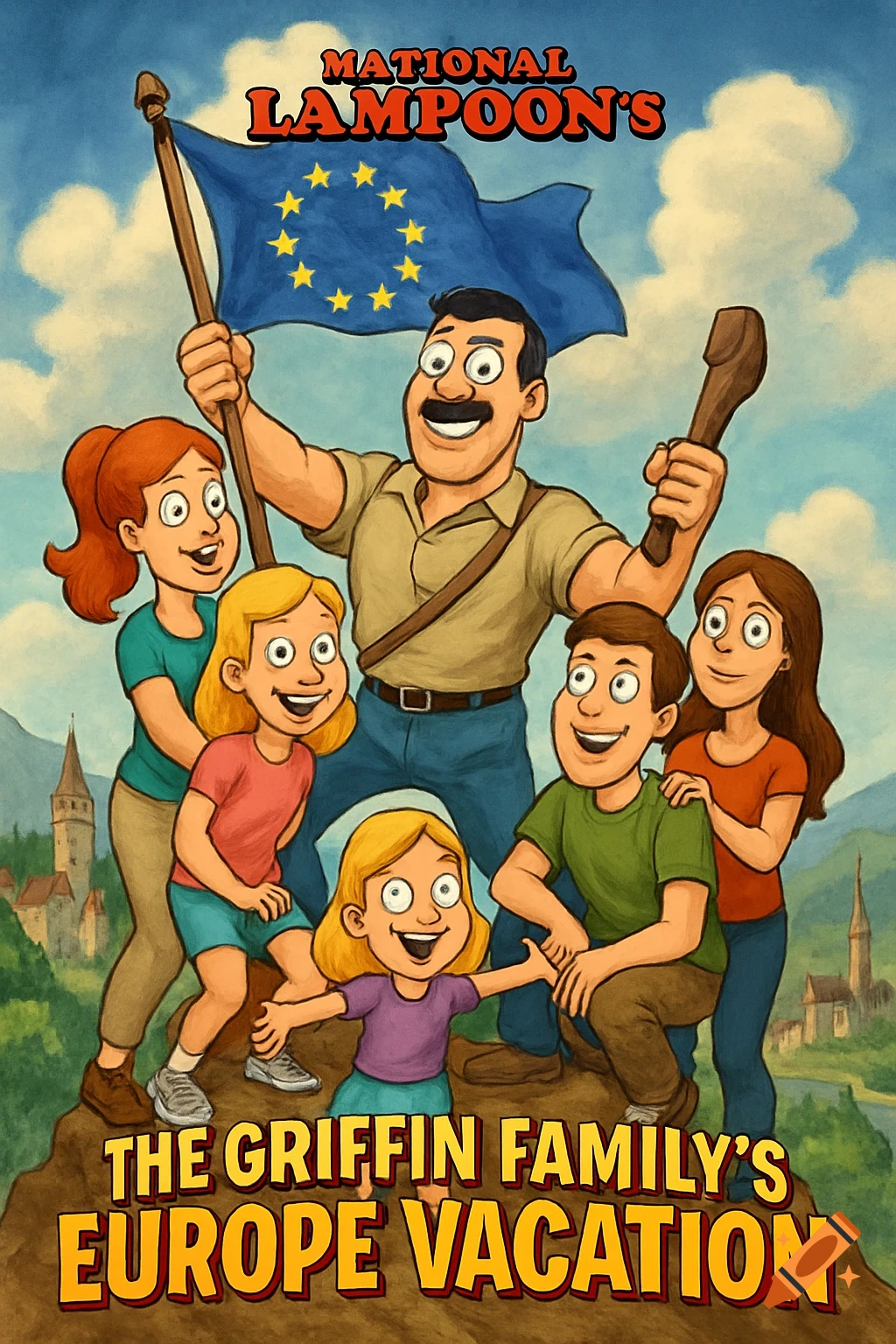 A cartoon movie poster of a family of six, with a man holding a European Union flag, on a mountain overlooking a European village.