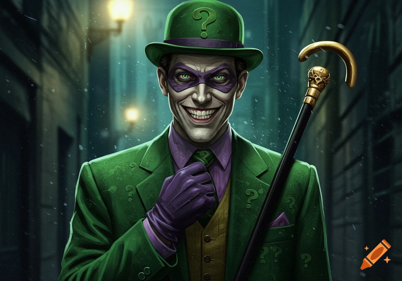 A smiling Riddler in a green suit, purple mask, and bowler hat, holding a gold-topped cane in a rainy alley.