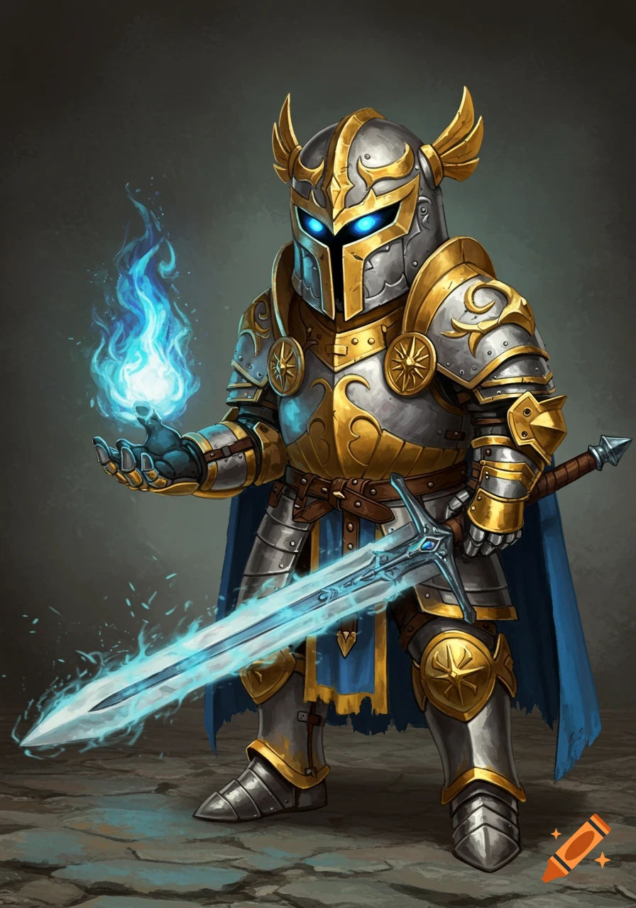 A heavily armored paladin in ornate silver and gold plate armor, with glowing blue eyes and a blue cape, holds a blue flame and a glowing greatsword.