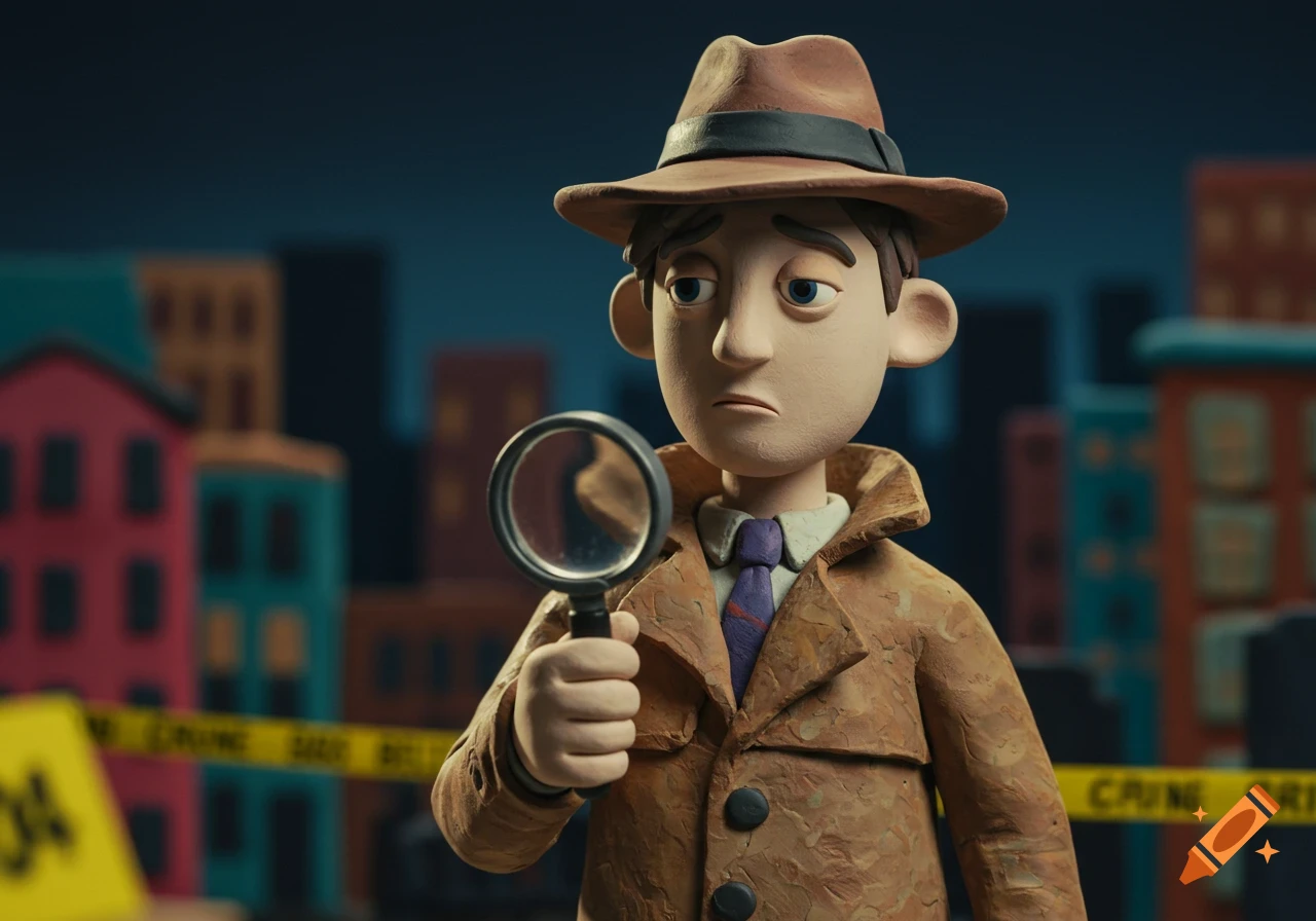 A claymation detective in a trench coat and fedora holds a magnifying glass at a crime scene.