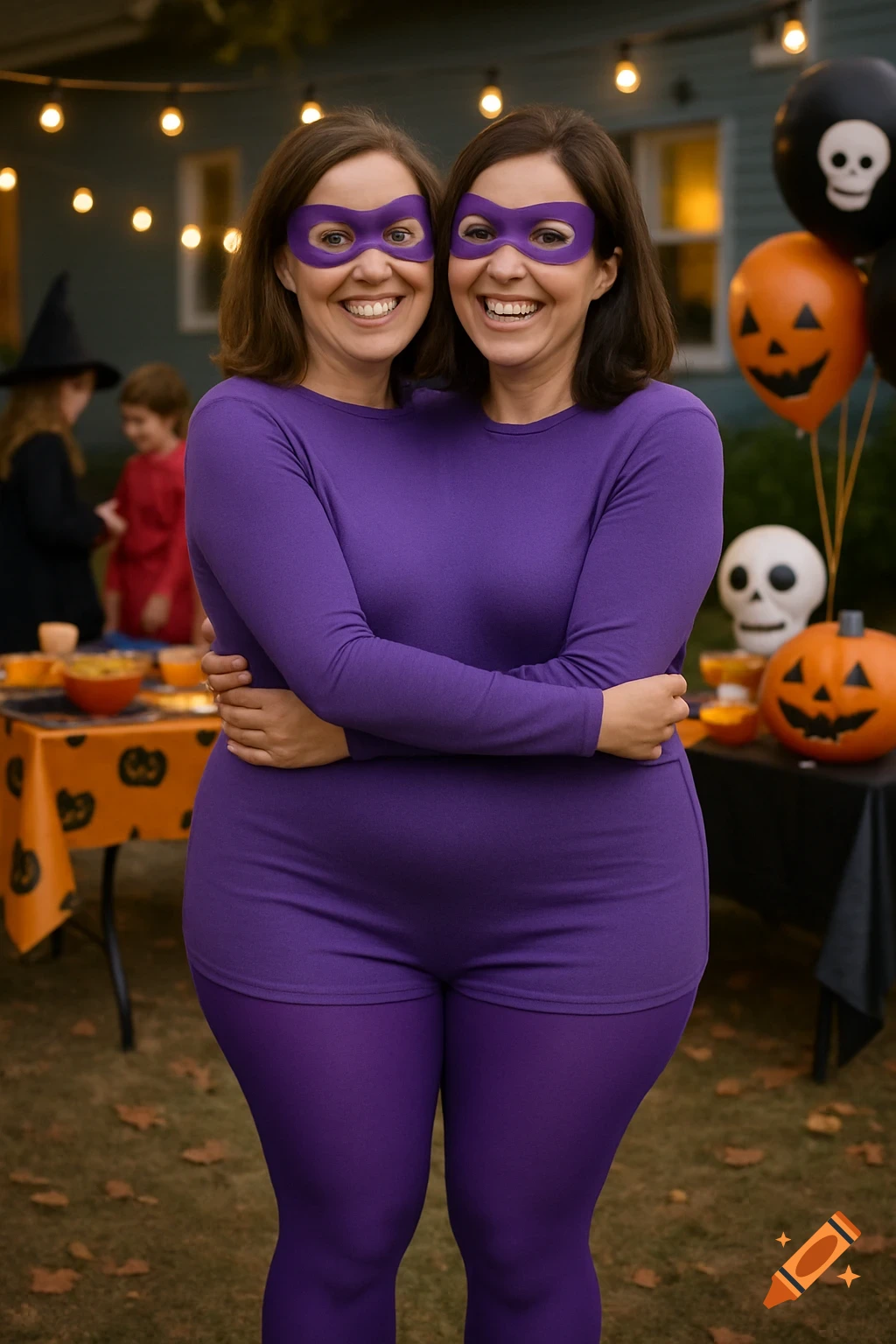 Two women wearing purple superhero masks and a purple body suit stand joined together, creating a two-headed illusion, at a Halloween party with string lights and pumpkin decorations.