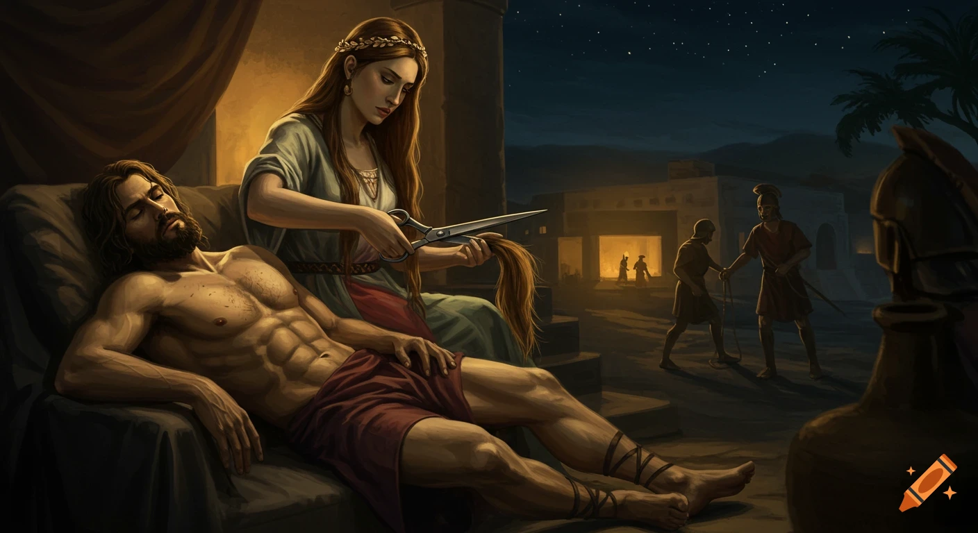 Muscular Samson sleeps on Delilah's lap as she cuts his hair; Philistine soldiers sneak up in the night in a dramatic, cinematic style.