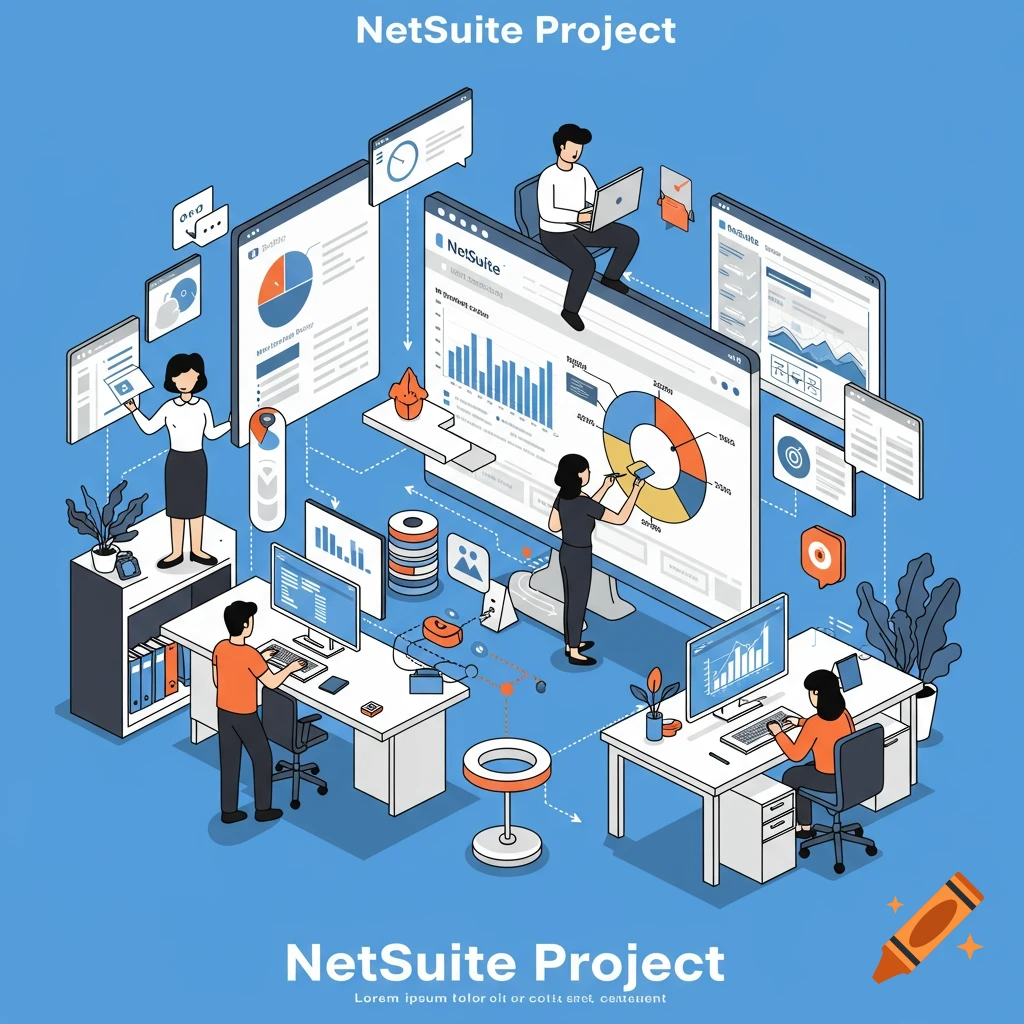 An isometric illustration depicts multiple people working on large computer screens displaying charts and data, connected by dashed lines, under the title 'NetSuite Project'.