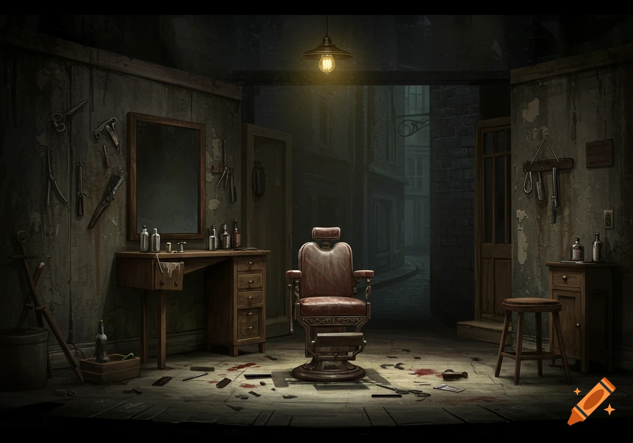 A dimly lit, macabre barbershop stage set with a central red barber chair, bloodstains, and sharp tools.
