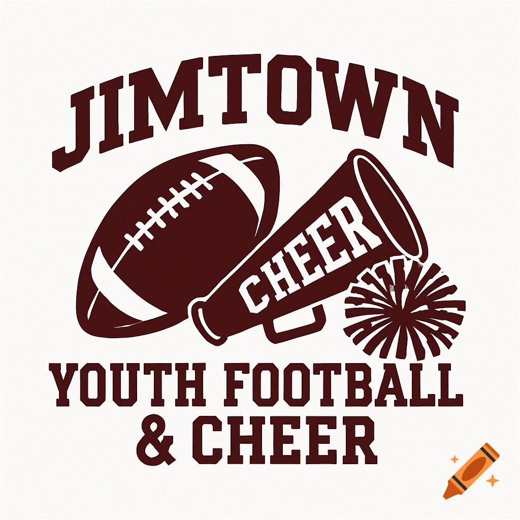 A white and maroon logo for 'Jimtown Youth Football & Cheer' featuring a football, a megaphone with 'CHEER' on it, and a pom-pom.