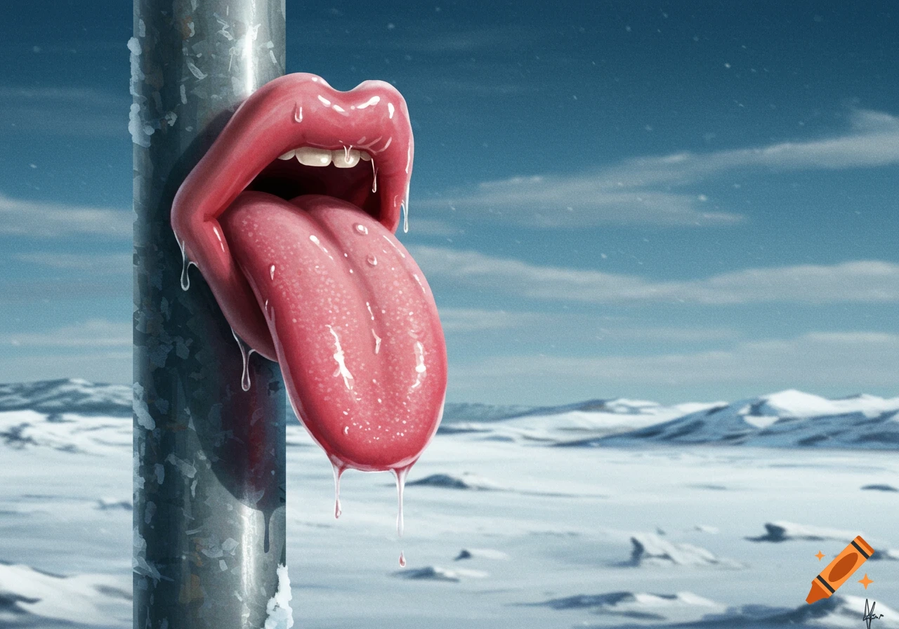 A large, realistic pink tongue with saliva dripping from it is frozen to a metal pole in a snowy, desolate landscape under a blue sky.