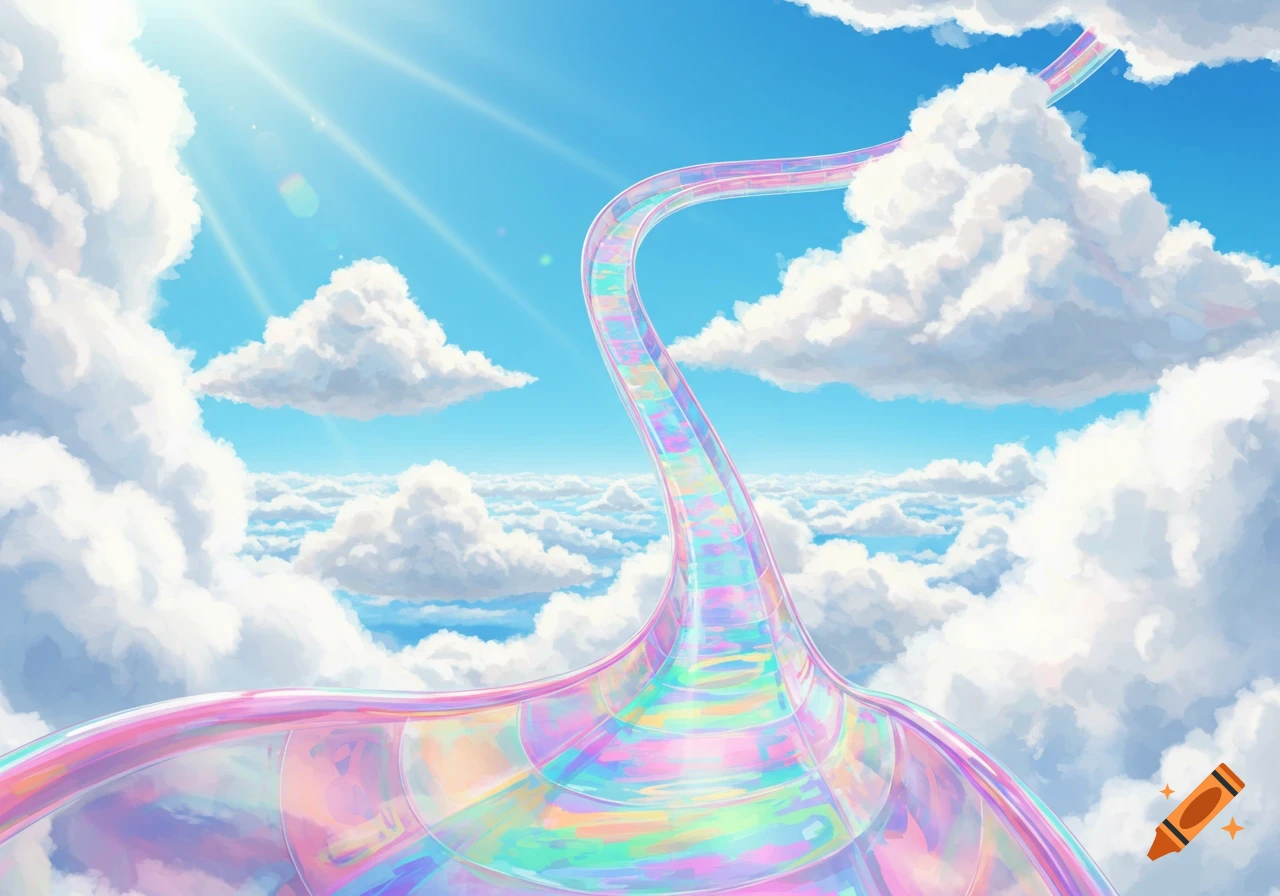 A colorful, iridescent slide curves through a bright blue sky with fluffy white clouds and sun rays.