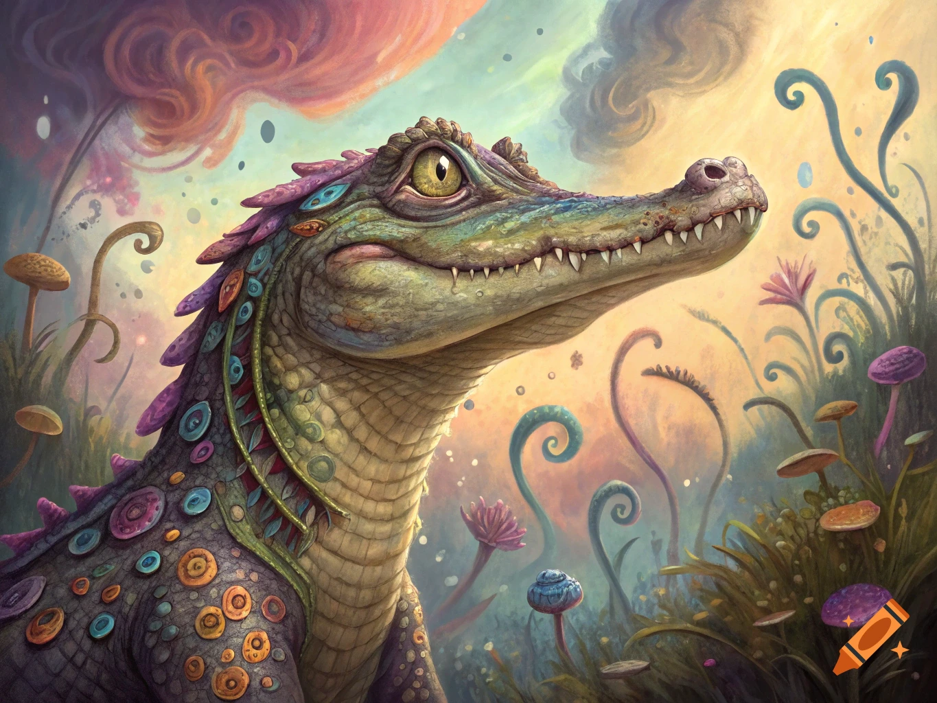 A colorful, stylized crocodile with ornate scales looks right in a vibrant, fantastical landscape with psychedelic plants and mushrooms.