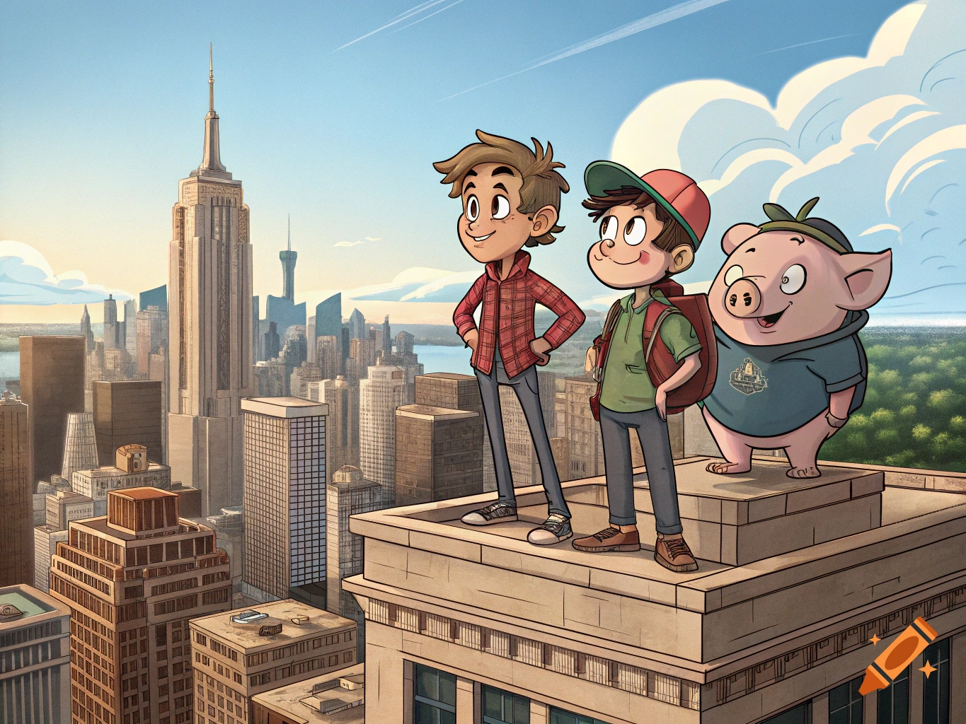 Cartoon boys and a pig on a city rooftop, looking at the skyline.
