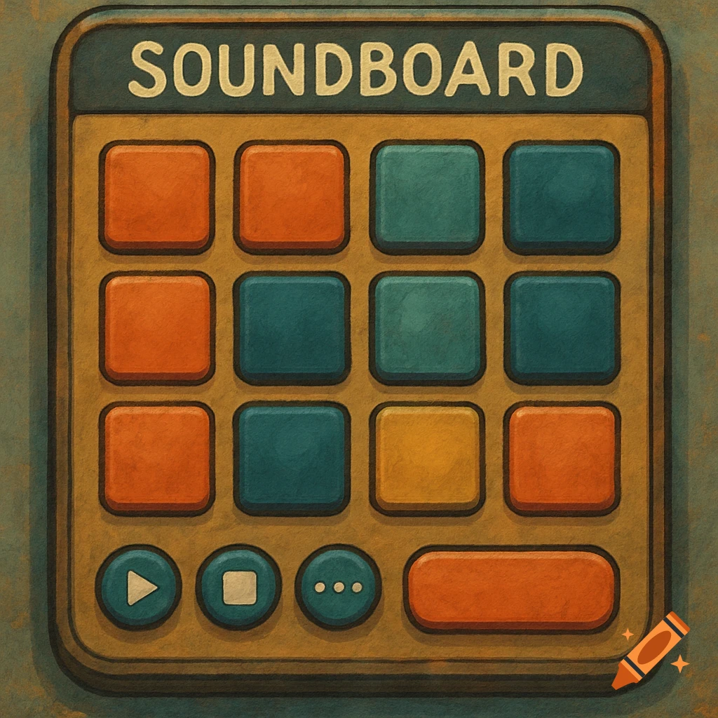 A stylized soundboard user interface with colorful square buttons and circular controls.