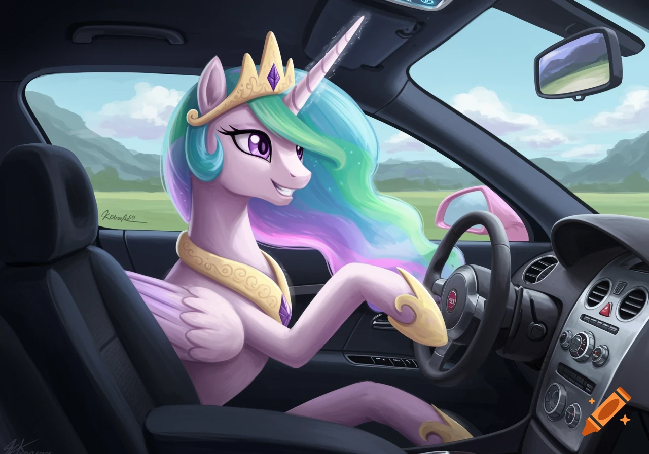 Cartoon Princess Celestia, a light purple alicorn with a rainbow mane, smiling while driving a car. She is wearing a crown and golden regalia, with one hoof on the steering wheel. The car's interior is detailed, and a green landscape is visible through the windows.