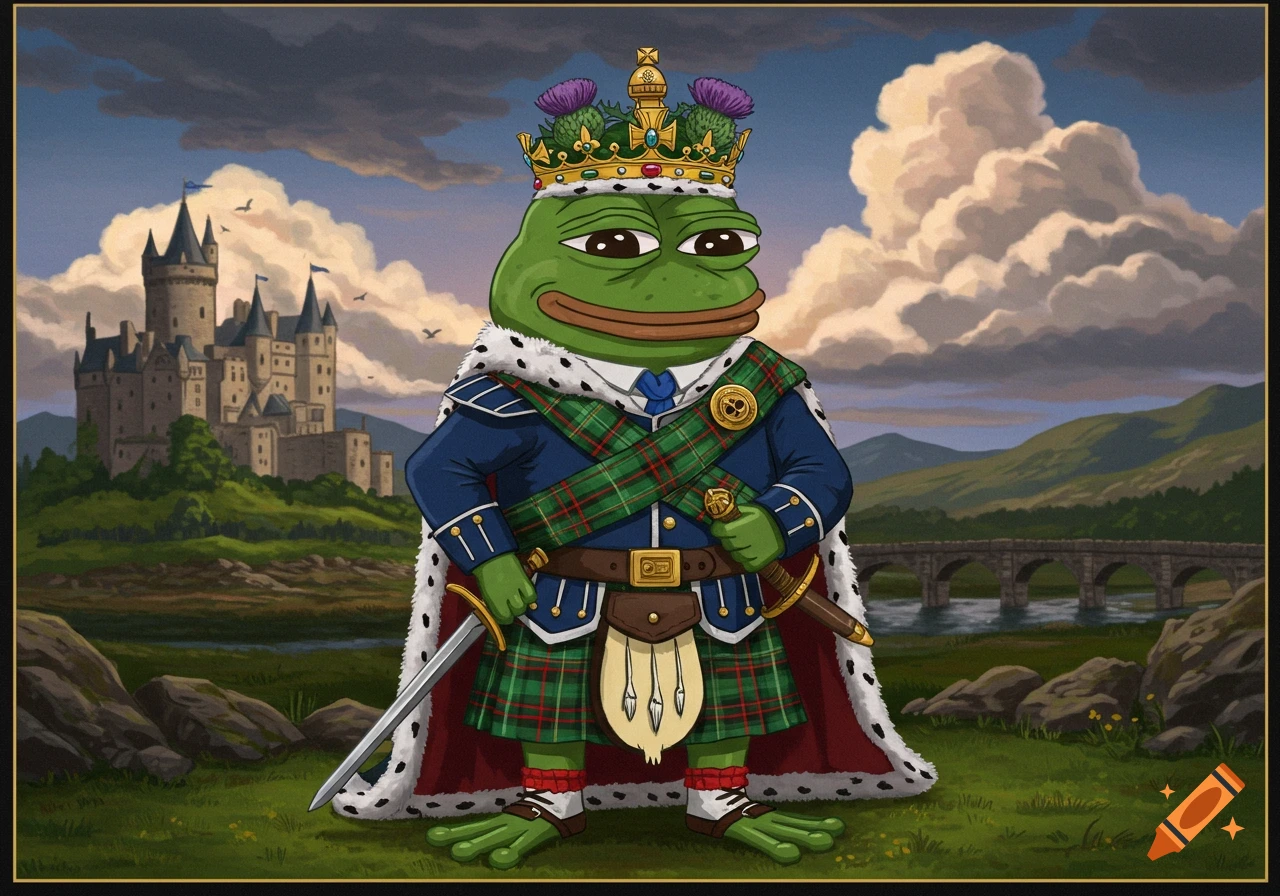 An illustrated image of Pepe the frog dressed as a Scottish king in a kilt and crown, holding a sword, with a castle and bridge in the background.