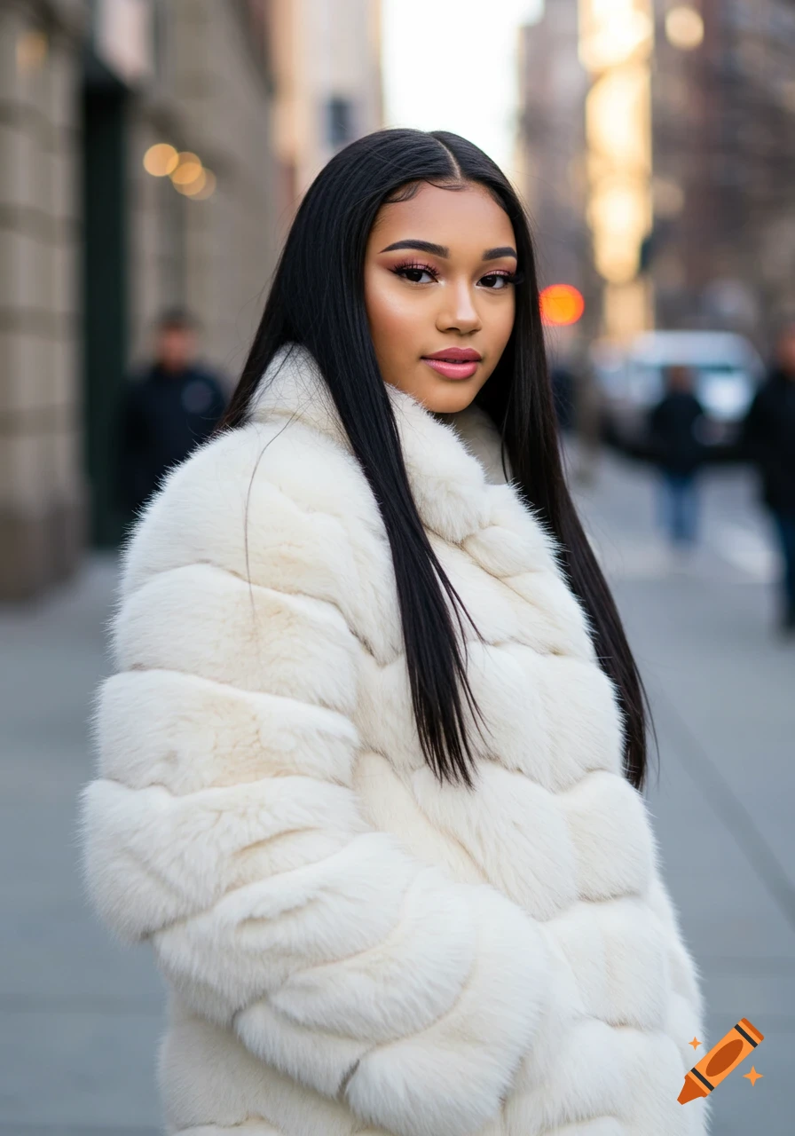 A young woman with long black hair and makeup wears a white fur coat on a city street.