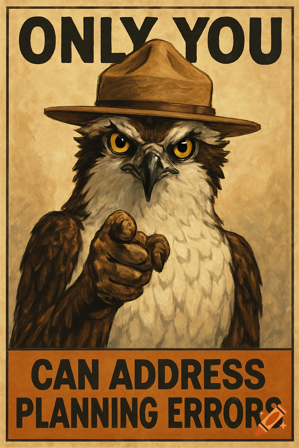 A vintage-style poster shows an osprey in a ranger hat pointing, with text 'ONLY YOU CAN ADDRESS PLANNING ERRORS'.