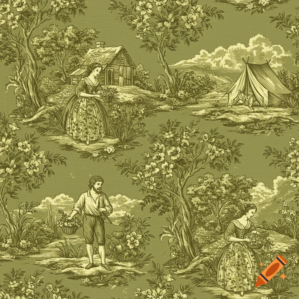 Olive green Toile de Jouy pattern featuring a man and women in a rural landscape with a house and tent.
