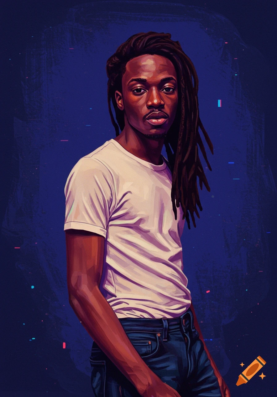A stylized digital art portrait of a young Black man with dreadlocks wearing a white t-shirt and blue jeans, against a dark blue background with digital glitch accents.