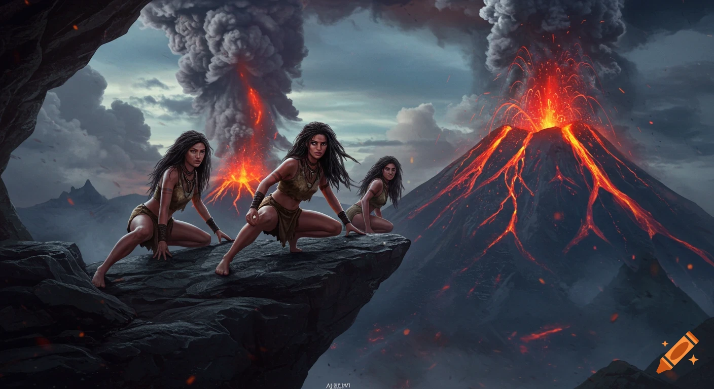 Three prehistoric women pose dramatically on a rocky ledge overlooking an erupting volcano under a cloudy sky.