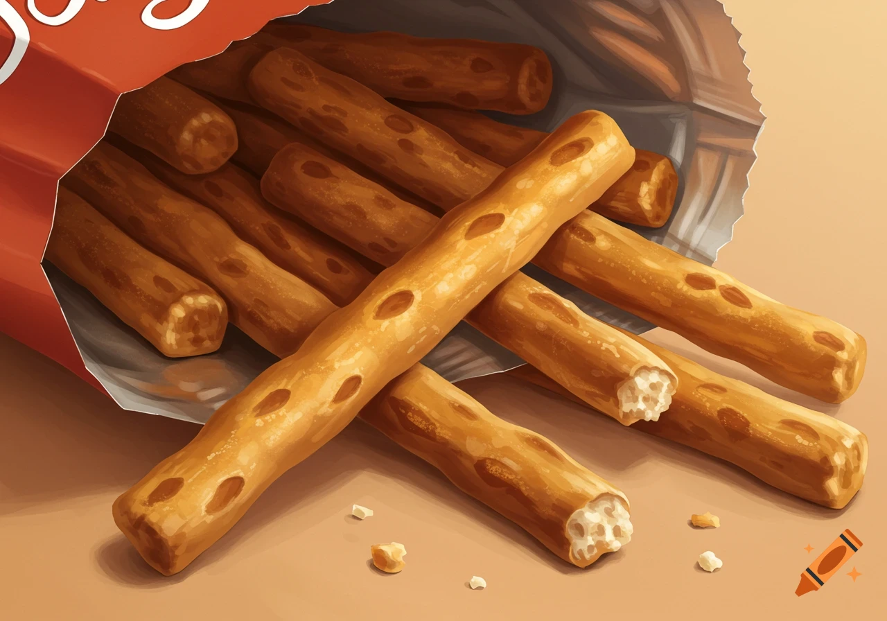 A close-up view of pretzel sticks spilling out of a red bag onto a light brown surface.
