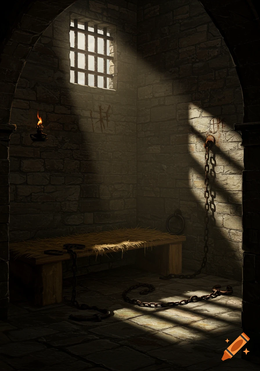 A dark medieval prison cell with stone walls, a barred window, a straw-covered wooden bench, and chains.