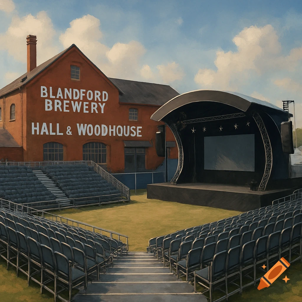 An empty outdoor event venue with a stage and rows of seating in front of a building with 'Blandford Brewery Hall & Woodhouse' written on it.