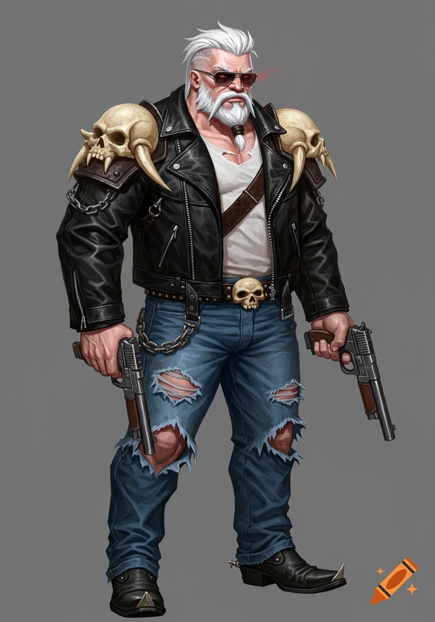 A stylized muscular albino male character with white spiky hair, goatee, sunglasses, and a black leather jacket with skull shoulder pads, holding two pistols.