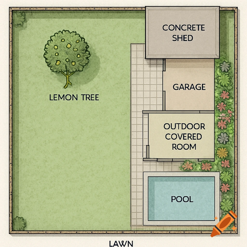 A top-down architectural drawing of a backyard with a lemon tree, lawn, concrete shed, garage, outdoor covered room, flower garden, and pool.