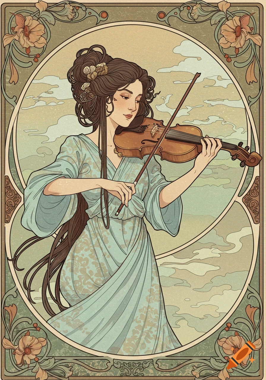 Art Nouveau illustration of a woman with long hair playing a violin, with wispy clouds in the background.
