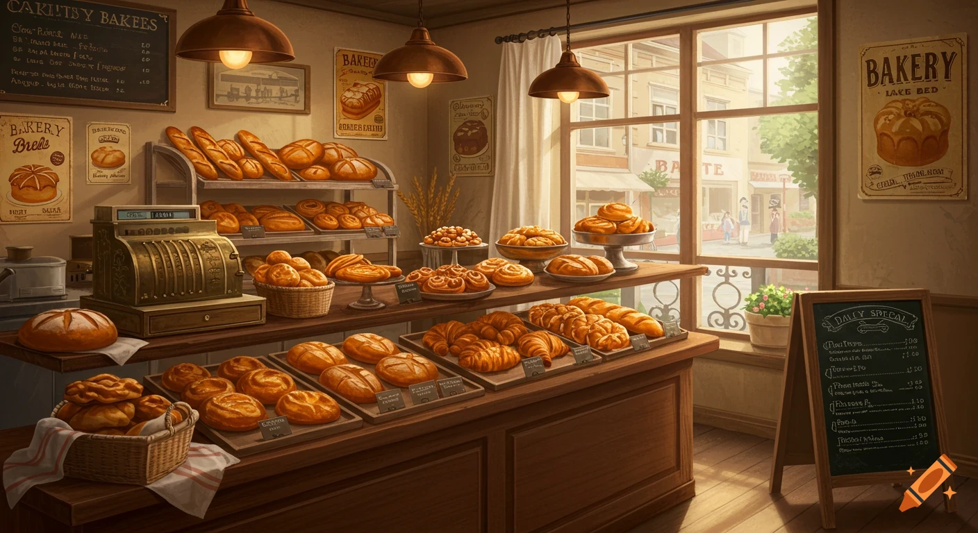A warm and inviting bakery interior filled with display cases of various breads, pastries, and croissants. A cash register sits on a counter, and large windows overlook a sunny street scene.