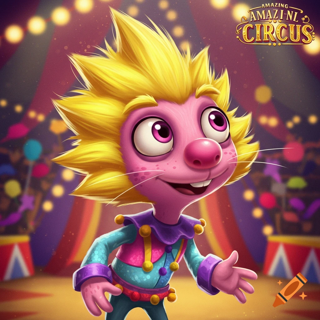 A cartoon character with pink skin, yellow spiky hair, and large eyes wearing a colorful jester-like outfit in a circus tent.