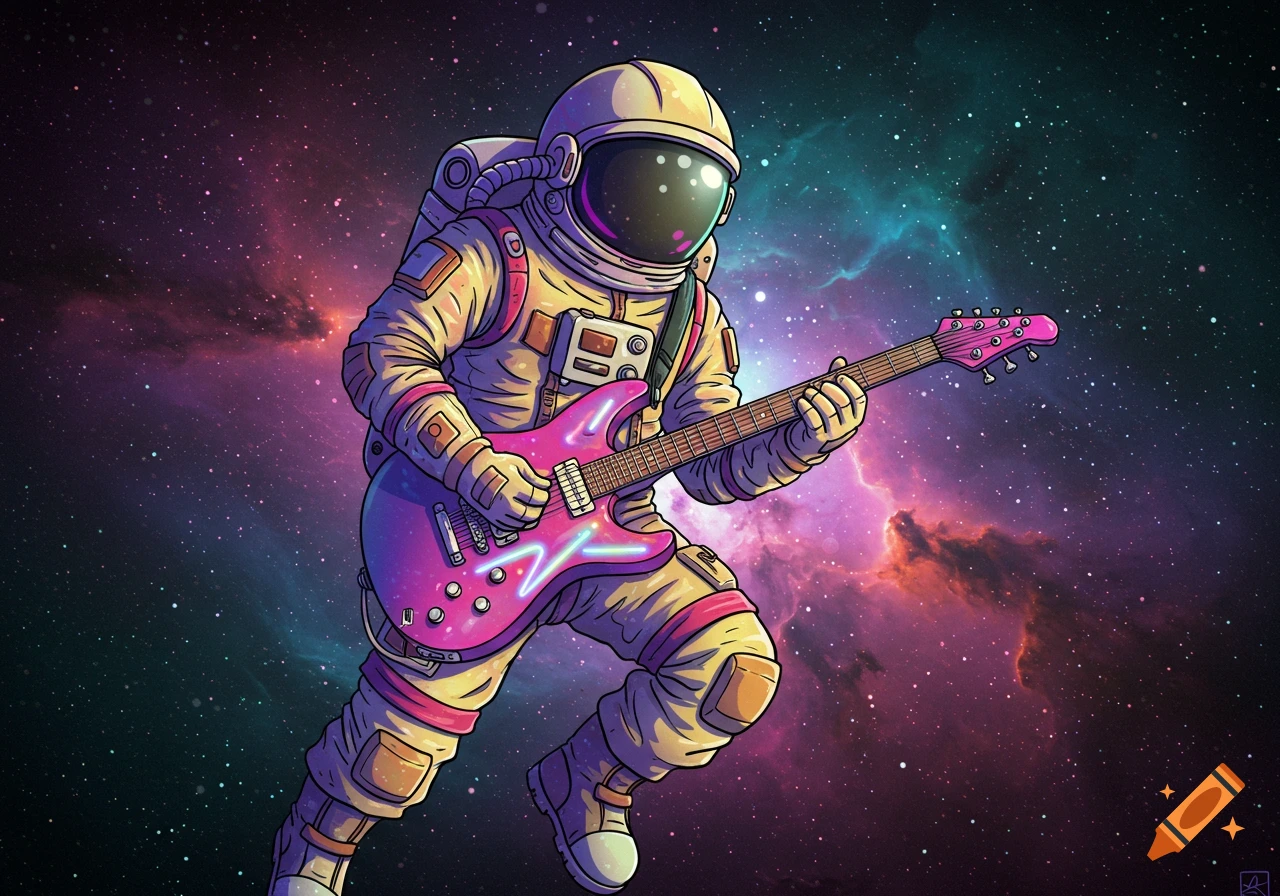 Animated astronaut playing a pink electric guitar in a vibrant purple and blue galaxy.