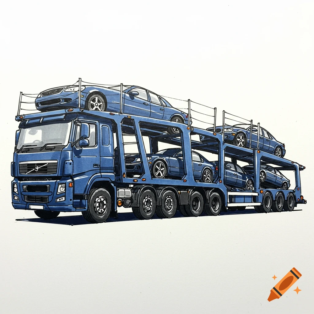 A blue car hauler truck carrying multiple blue cars, depicted in a detailed illustration on a white background.