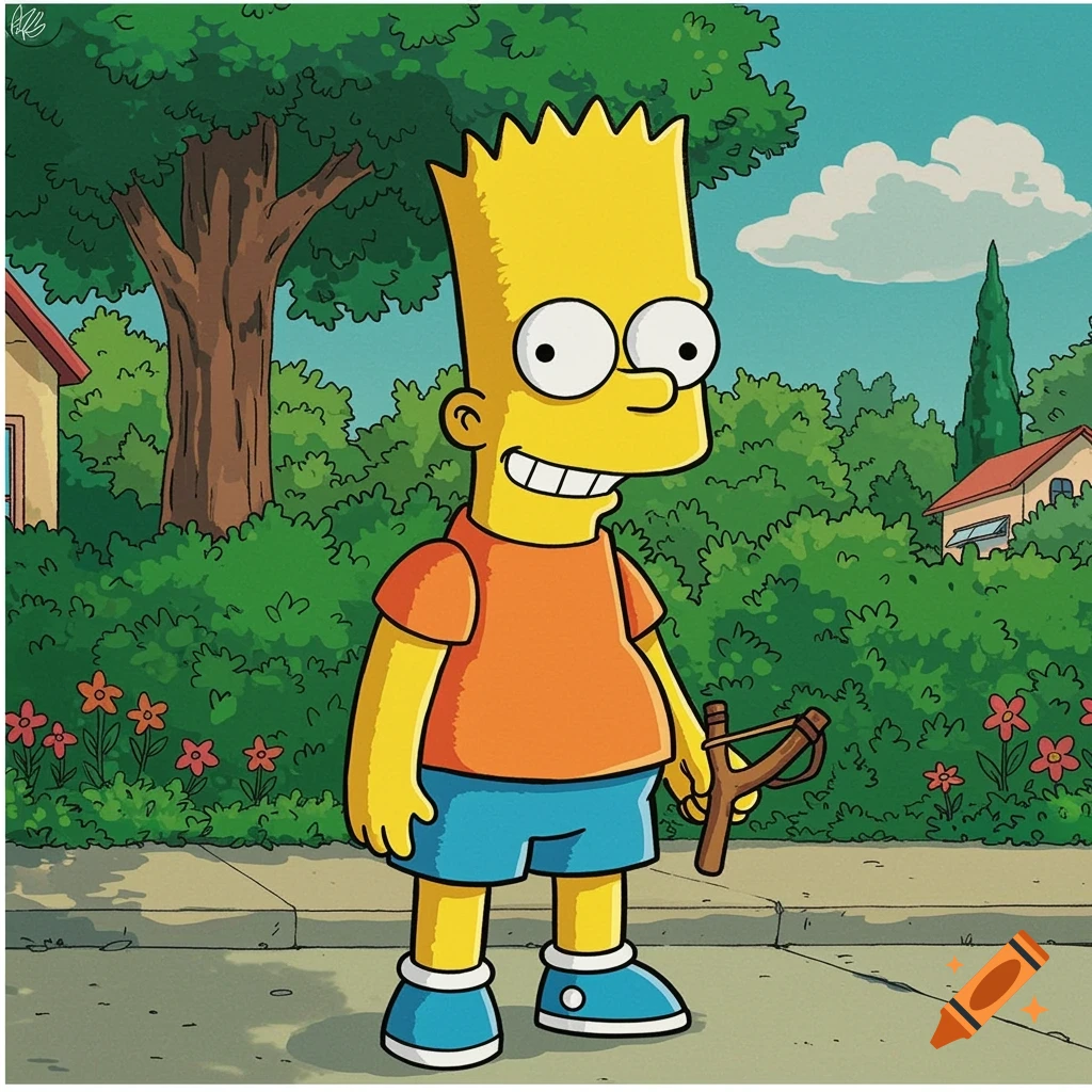 Cartoon character Bart Simpson stands on a sidewalk holding a slingshot, with houses and lush green bushes in the background, in a Ghibli animation style.